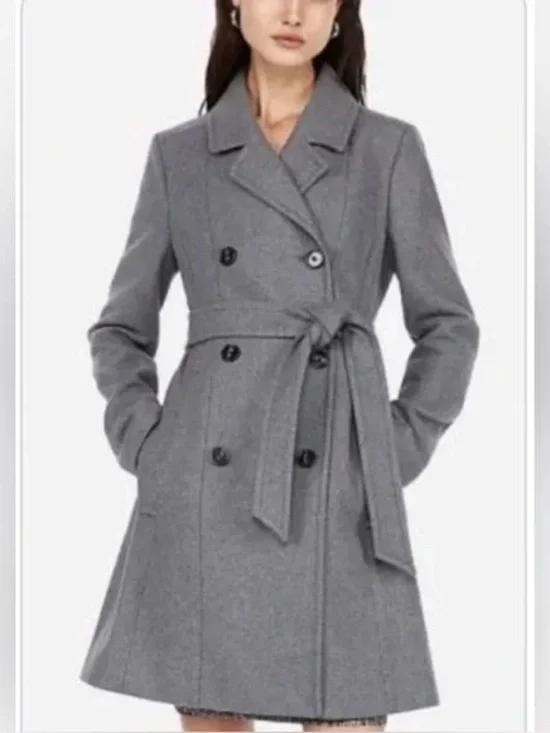NWT Express Grey Pea Coat Size XL Wool Long Gray Tie NEW Women’s - Picture 1 of 8